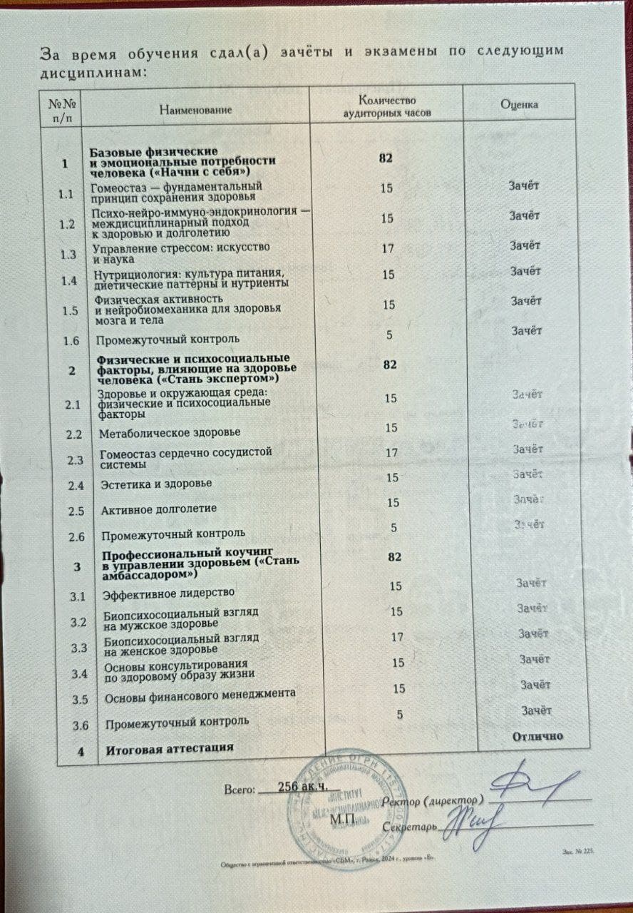 Скан сертификата по консультациям и сопровождению в области ЗОЖ, документ 3